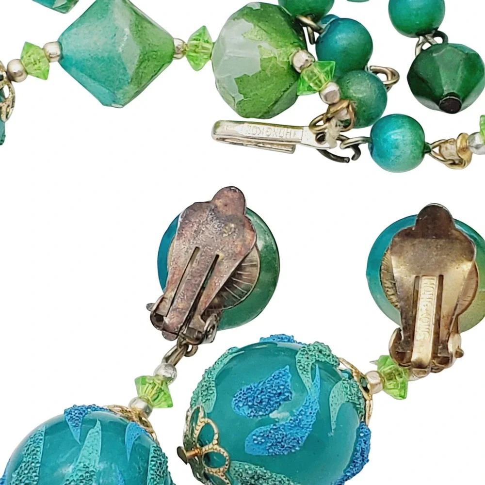 Hong Kong Necklace Clip Earrings Blue Green Flocked Beaded Acrylic Lucite Summer